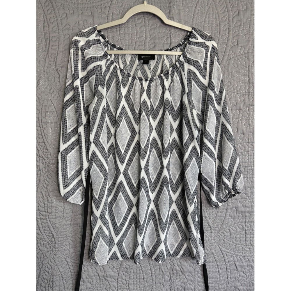 AB STUDIO Women's Geometric Print 3/4 Sleeve Tunic Top Black White Belted